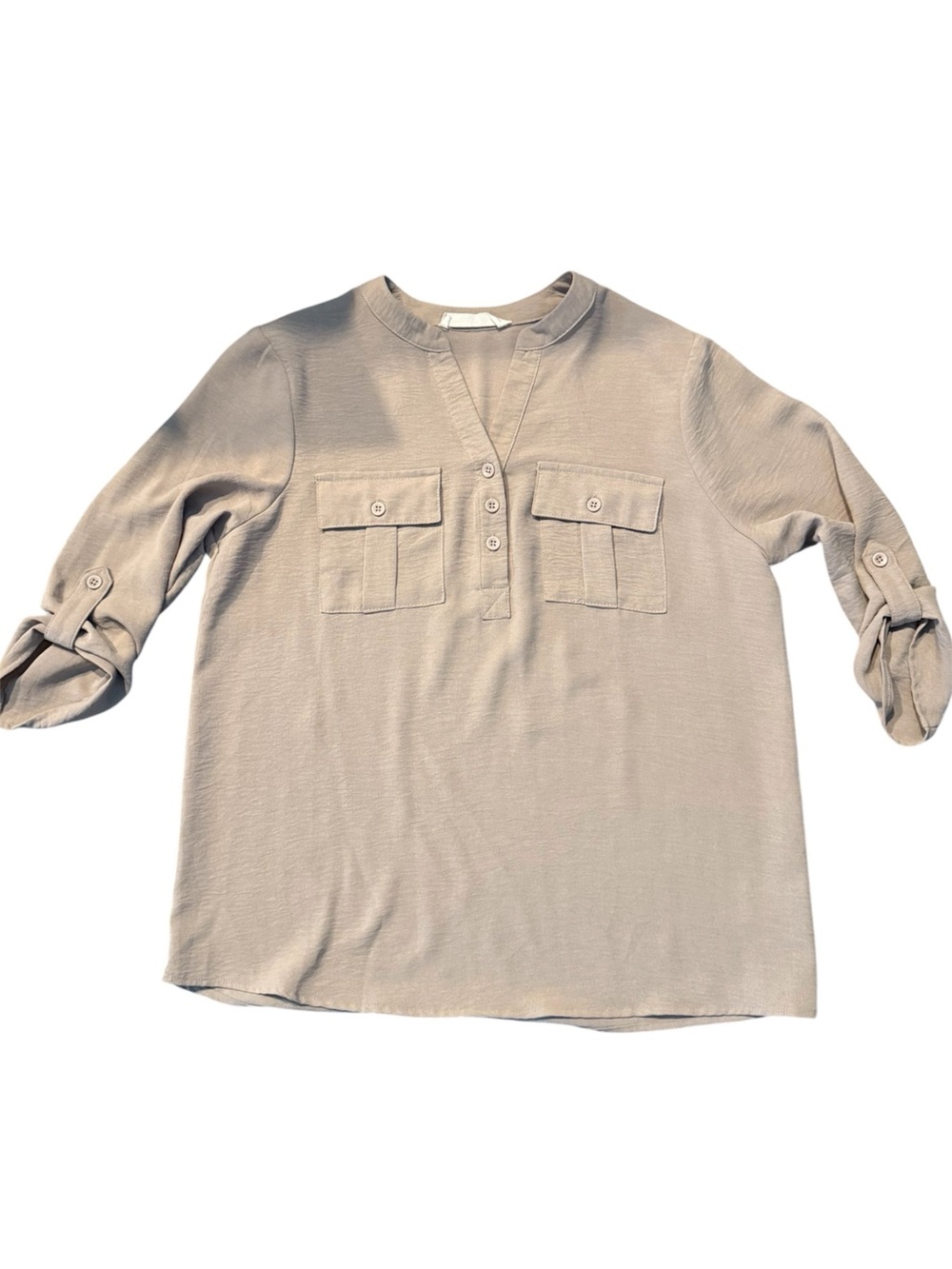 Light Taupe Button-Placket Utility Blouse